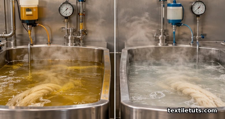 Two textile mill baths side by side, one acid bath at pH 2.5 and one alkaline bath at pH 9.5, both with wool fabric.