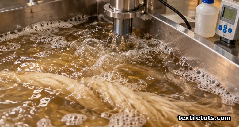 Wool fabric rope submerged in a temperature-controlled milling bath with moisture, soap, and mechanical agitation.