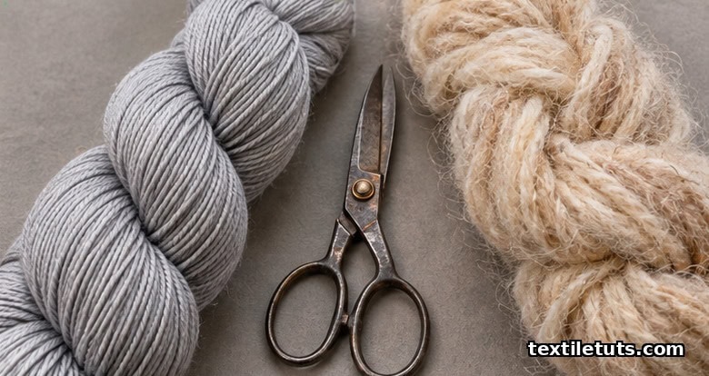 Side-by-side macro comparison of smooth worsted yarn skein and lofty hairy woolen yarn skein on a warm-grey backdrop.