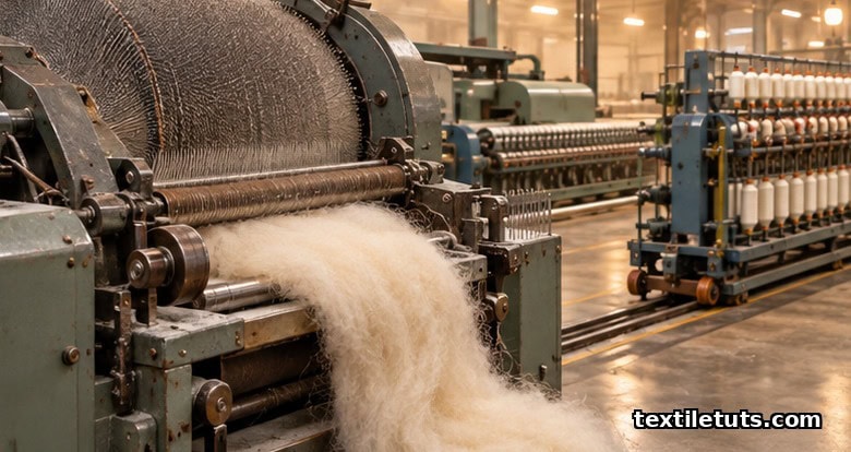 Woolen carding machine with worker-and-stripper rollers producing a soft lofty condensed roving in a mill.