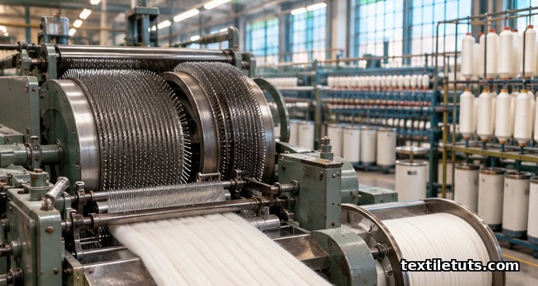 Industrial Noble worsted combing machine with rotating pin drums and white combed sliver in a textile mill.