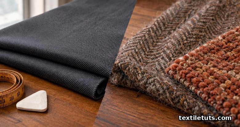 Folded charcoal worsted suiting fabric beside a hairy woolen tweed swatch and a chunky looped rug sample.
