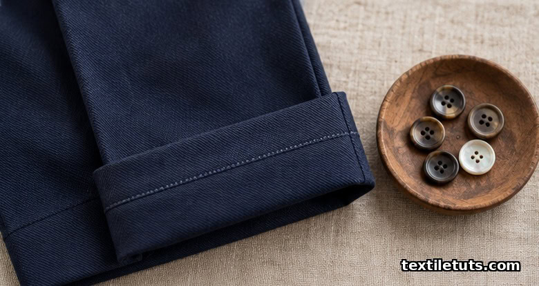 Hemmed trouser cuff beside a dish of horn and mother-of-pearl buttons