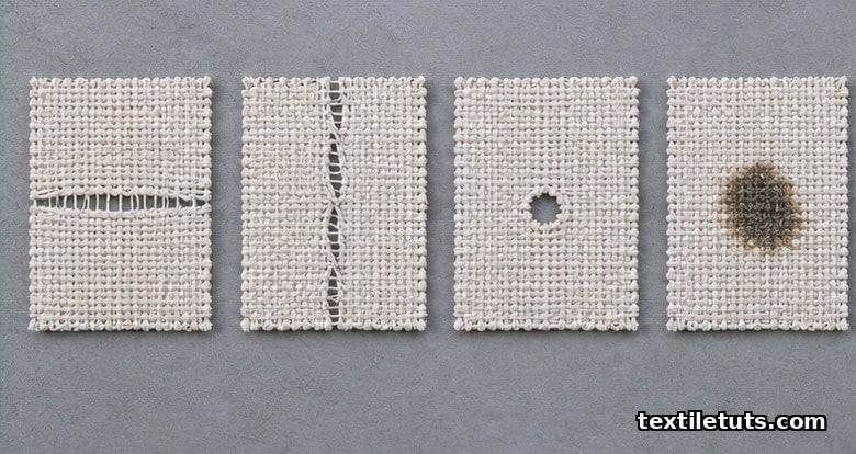 Four woven cotton swatches showing common inline-detectable defects: missing weft, broken end, hole, and oil spot.