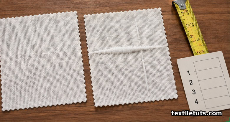 Two woven cotton fabric swatches on an inspection table, one clean and one showing a thick bar and a thin streak, with a tape measure and grade card.