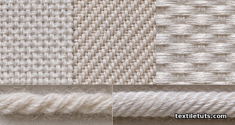 Macro close-up of plain, twill, and satin weave fabric constructions side by side, with yarn twist detail below.