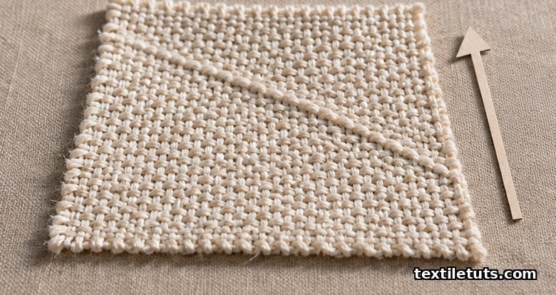 Woven cotton fabric sample showing diagonal weft skew distortion caused by twist direction imbalance.