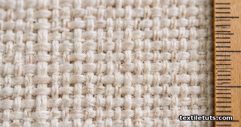 Close-up of woven cotton fabric showing perpendicular warp and weft yarn grid used for lengthwise, crosswise, and bias grain alignment.
