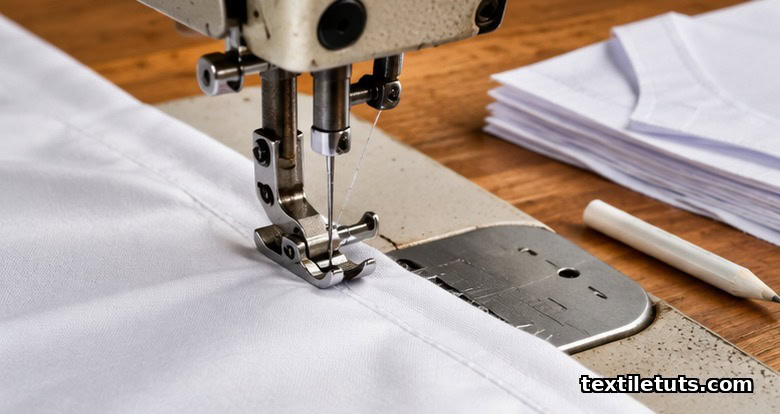 Industrial sewing machine stitching white woven cotton fabric panels on a production worktable with cut pattern pieces and tailor's chalk.