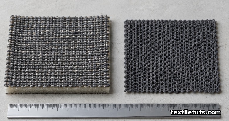 Side-by-side comparison of foam-backed woven laminate and thinner open-loop warp-knit fabric swatches with a ruler for scale.
