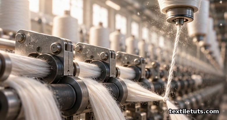 Editorial close-up of a ring spinning frame drafting zone with cotton fibers feeding into a twisting yarn, soft mill light catching airborne fiber fly.