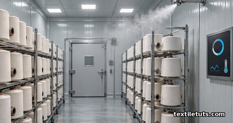 Interior of a sealed yarn conditioning chamber with stacked cones on racks, fine mist from a humidifier nozzle, and a wall hygrometer reading 65 percent RH.