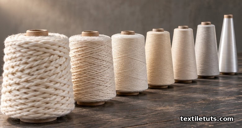 Seven yarn cones of varying thickness arranged in a diagonal row showing coarse-to-fine counts