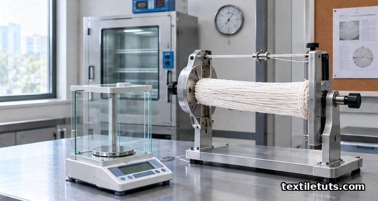 Wrap reel winding a white cotton skein beside a precision analytical balance inside a textile testing lab, illustrating the ASTM D1907 yarn-count experiment.