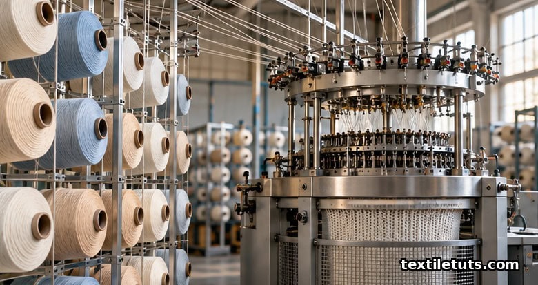 Industrial circular knitting machine feeding yarn cones from a creel rack in a textile mill