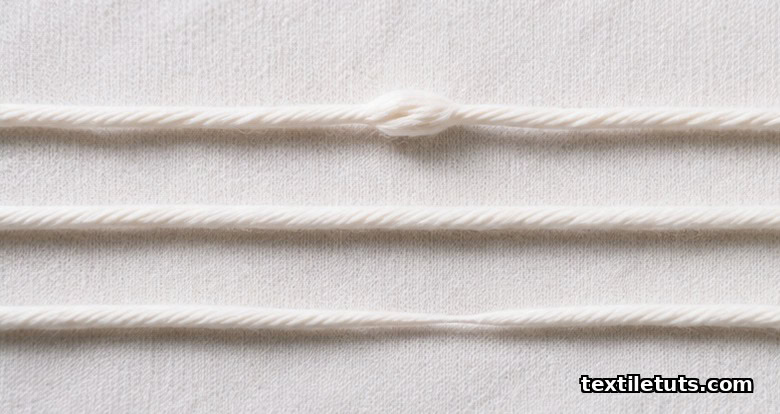 Three white cotton yarn strands side-by-side showing a uniform middle strand, a thick place above, and a thin place below, illustrating yarn count variation.
