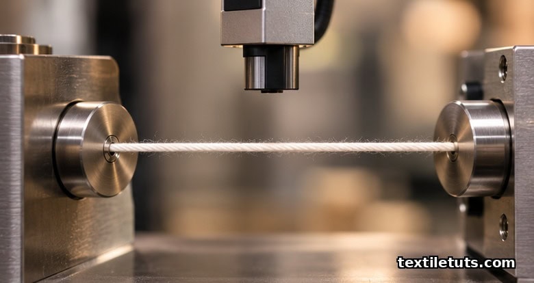 Fine cotton yarn drawn taut between two polished metal guides on a Uster evenness tester instrument.