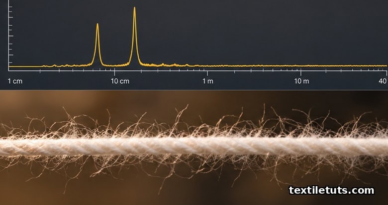 Spectrogram chart with sharp wavelength peaks above a macro photo of hairy cotton yarn fibres.
