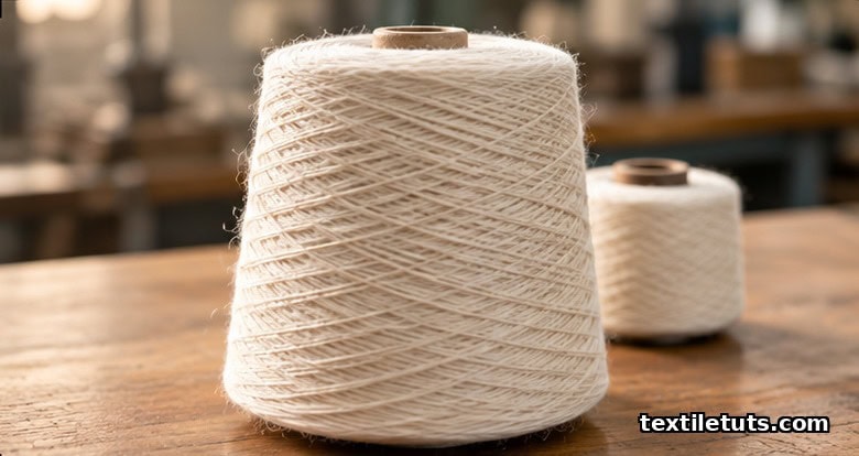Wound cone of natural cotton yarn on a textile mill workbench, soft directional light highlighting loose surface fibers.