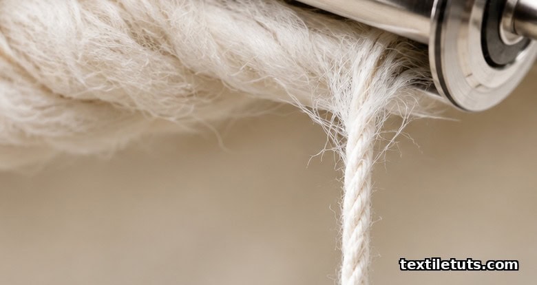 Macro of natural cotton fibers being drafted and twisted into a single yarn by a steel roller, showing the helical surface twist of the finished strand.