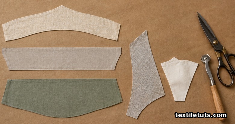 Flat-lay of five distinct yoke pattern pieces cut from neutral linen, cotton, twill, chambray and silk