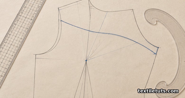 Pattern drafting close-up showing a bodice block with closed bust dart redrafted into a curved yoke