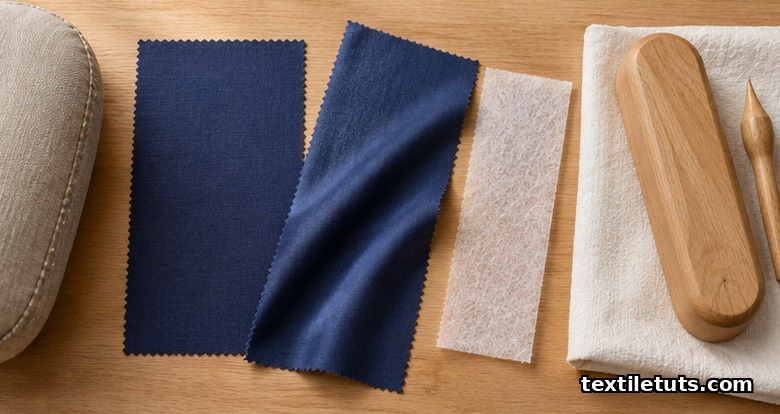 Flat-lay of straight-grain and bias-cut fabric swatches with fusible interfacing and pressing tools