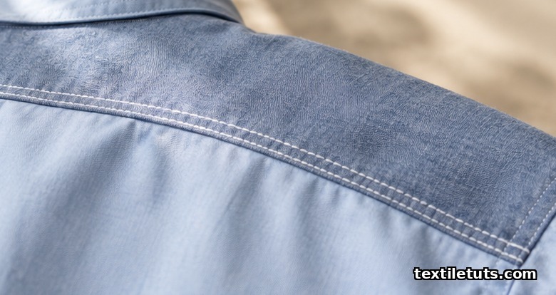 Close-up of a curved shoulder yoke seam on a pale blue cotton shirt with parallel white topstitching