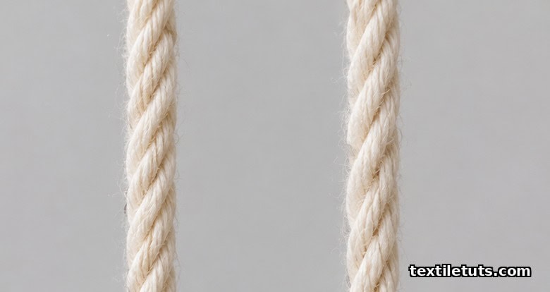 Side-by-side vertical yarn segments showing Z-twist right-hand helix and S-twist left-hand helix against a neutral grey background.