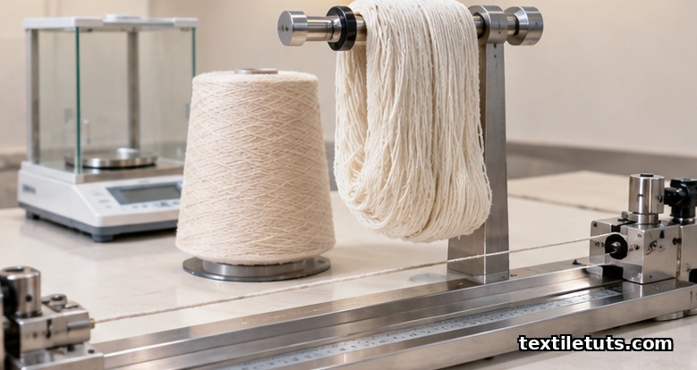 Ring-spun cotton yarn cone beside a wrap reel and CRE tensile tester on a laboratory bench for ISO 2060 testing.