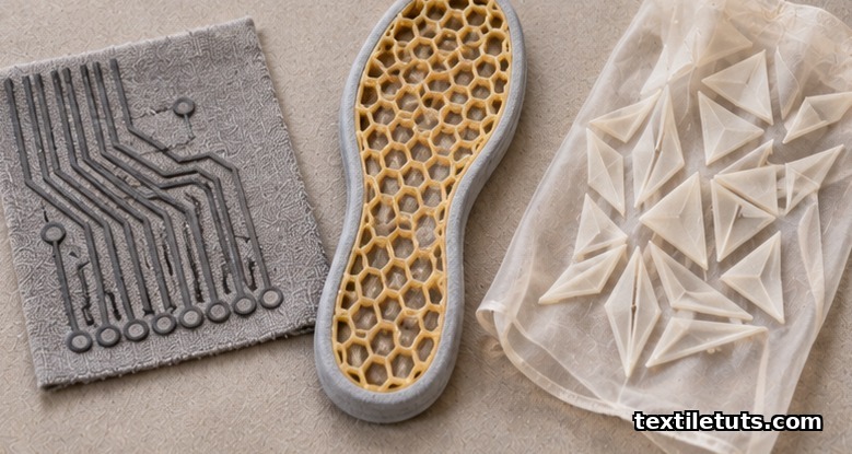 Flat-lay of 3D-printed textile applications including conductive traces, TPU insole, and PLA decorative appliqué on silk.