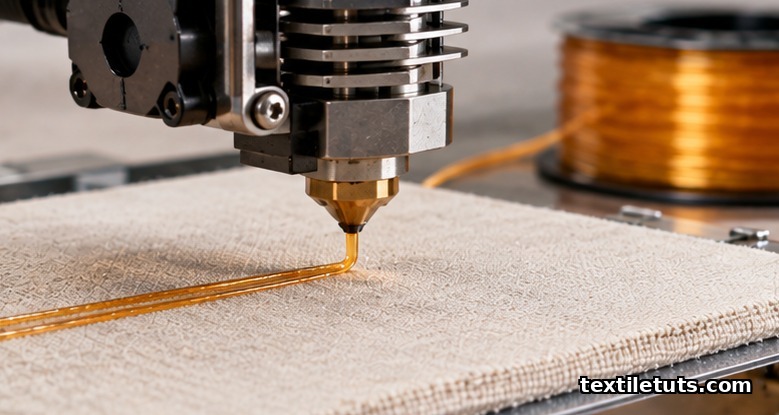 3D printer nozzle extruding molten thermoplastic onto woven poplin fabric, with filament spool in background.