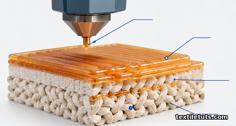 Cutaway illustration showing a 3D printer extruder depositing bonded thermoplastic layers onto a fabric substrate.