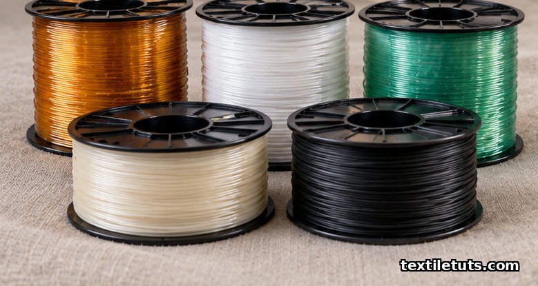 Five 3D printer filament spools of TPU, PLA, PETG, nylon, and conductive composite arranged on a woven textile.