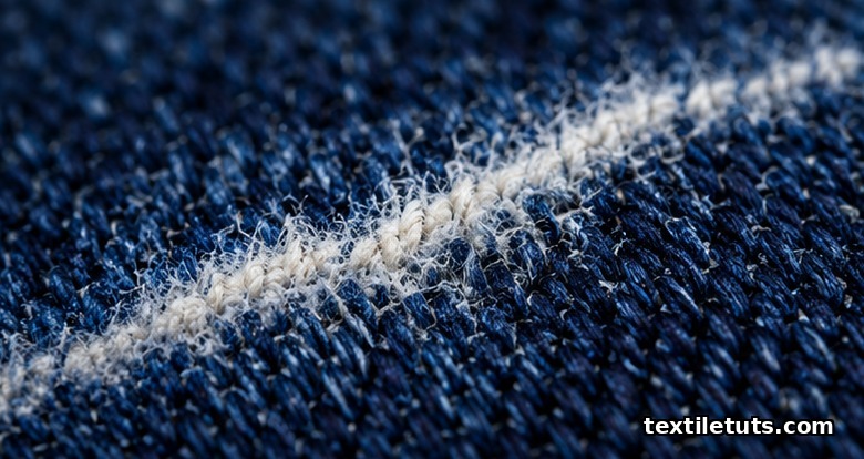 Macro close-up of an indigo denim 3D whisker showing broken dye, exposed white cotton core, and raised fibers.