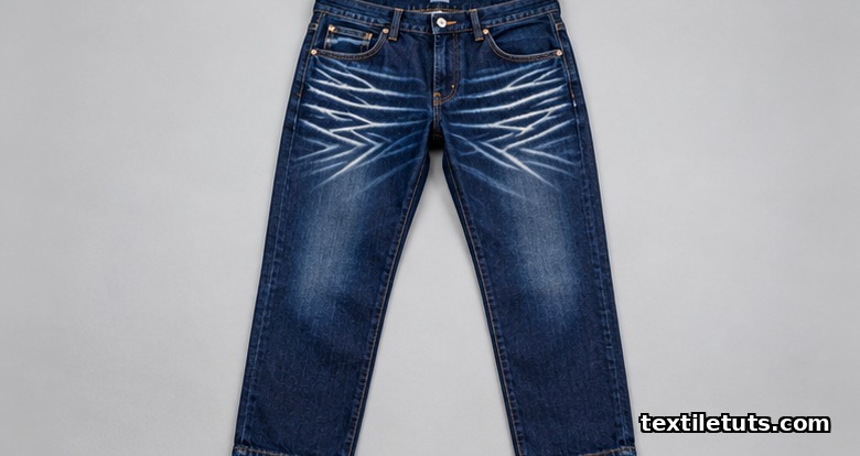 Indigo denim jeans laid flat showing sculpted 3D whiskers above the knee from manual and laser finishing.
