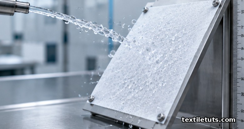 AATCC impact penetration splash test showing water arcing onto a white fabric sample pinned on an angled test board.