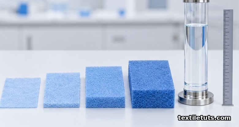 Four ascending nonwoven fabric swatches beside a hydrostatic head water column test cylinder.