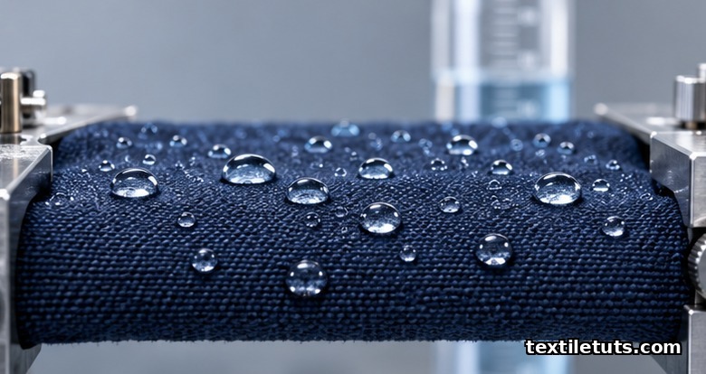 Water droplets beading on a hydrophobic outerwear fabric face clamped for hydrostatic pressure testing, with a glass graduated cylinder blurred in the background.
