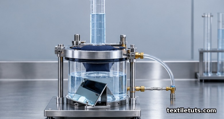 AATCC 127 hydrostatic pressure test rig with a clamped 200 mm fabric specimen over a water chamber and a graduated cylinder water column rising above it.
