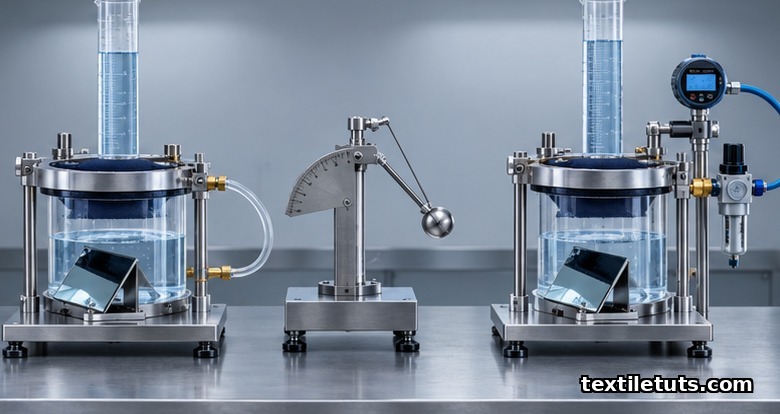AATCC 127 hydrostatic pressure rig and ISO 811 hydrostatic pressure rig placed side by side on a steel lab bench, with an AATCC 42 impact test apparatus between them.