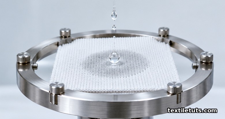 Synthetic sweat droplet landing on a square white textile specimen in a circular test fixture under studio lighting.