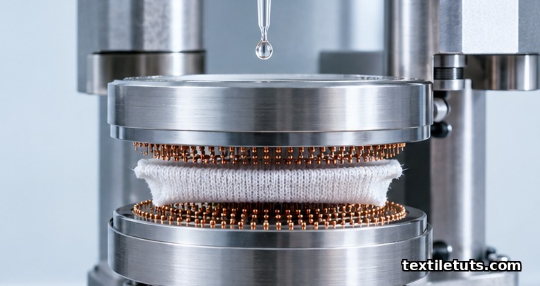 Close-up of a Moisture Management Tester showing concentric copper ring sensors clamping fabric with a precision syringe above.