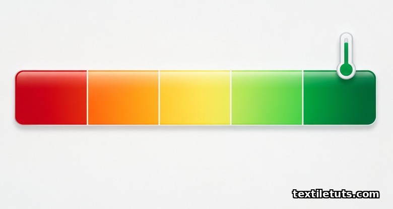 Horizontal five-step color gradient scale from red through yellow to deep green showing OMMC value ranges for fabric grading.