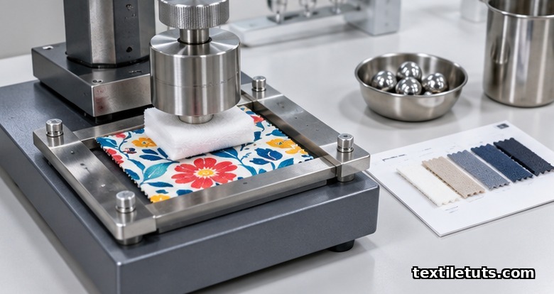 Crockmeter rubbing a white cotton square against a printed fabric specimen under a fixed load, with adjacent multifiber strips on a lab bench.