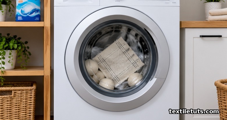 Domestic front-loading automatic washer with marked fabric and ballast pieces inside for an AATCC dimensional change test