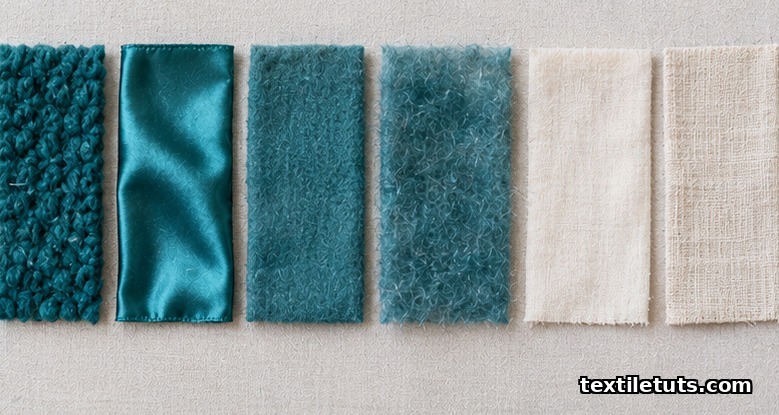 Teal acid-dyed wool, silk, cashmere and mohair swatches beside undyed cotton and linen showing no color uptake