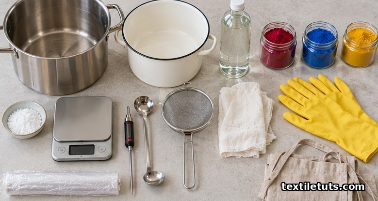 Acid dyeing equipment flat-lay: stainless and enamel pots, vinegar, citric acid, scale, thermometer and dye powders