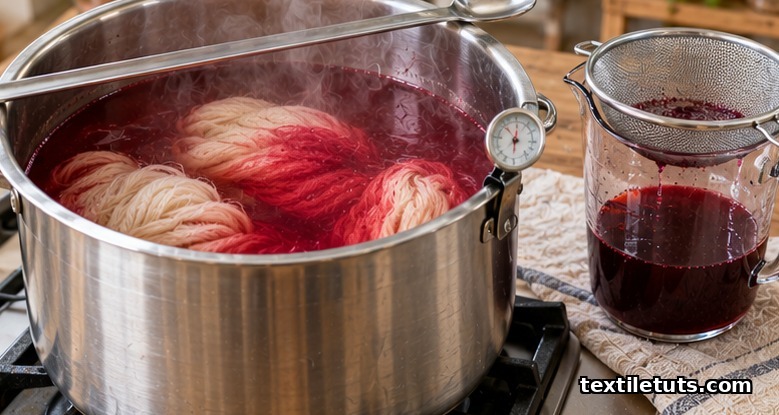 Wool skeins absorbing a simmering crimson acid dye bath in a stainless steel pot with a thermometer and strainer