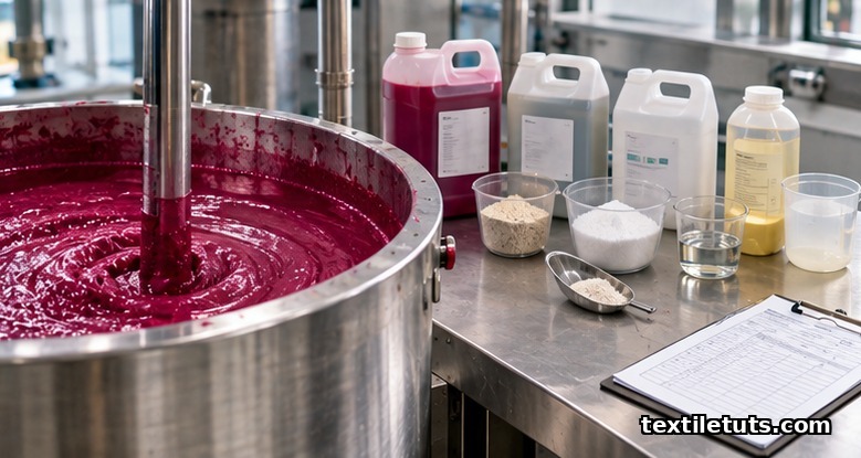 Stainless steel mixing vessel with magenta acid dye print paste beside jugs of dye, thickener, acid, and urea in a print room.
